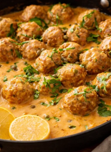 Königsberger Klopse: German meatballs in creamy caper sauce served on a plate.