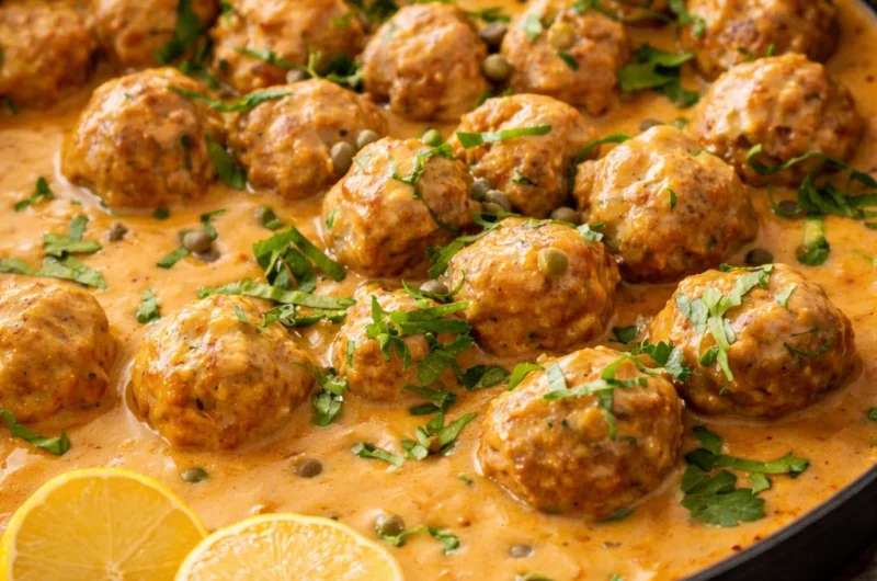 Königsberger Klopse: German meatballs in creamy caper sauce served on a plate.