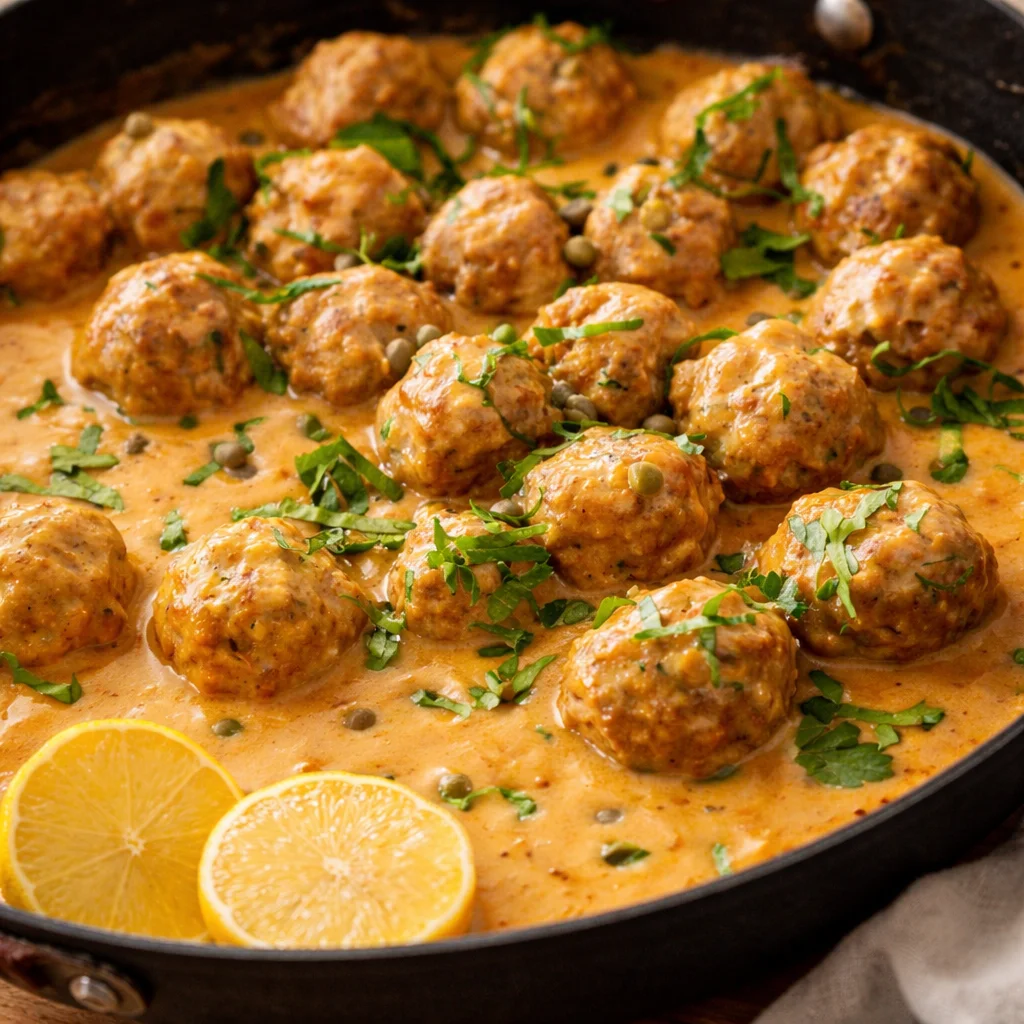 Königsberger Klopse: German meatballs in creamy caper sauce served on a plate.
