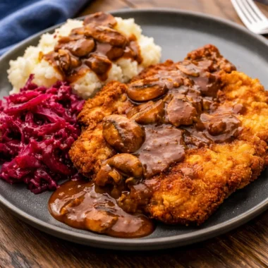 Authentic Jägerschnitzel served with mushroom gravy on a plate