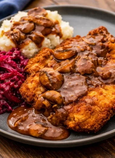 Authentic Jägerschnitzel served with mushroom gravy on a plate