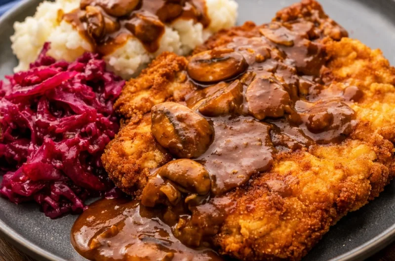 Authentic Jägerschnitzel served with mushroom gravy on a plate