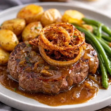 Traditional Zwiebelrostbraten - German Onion Beef Roast with crispy fried onions.