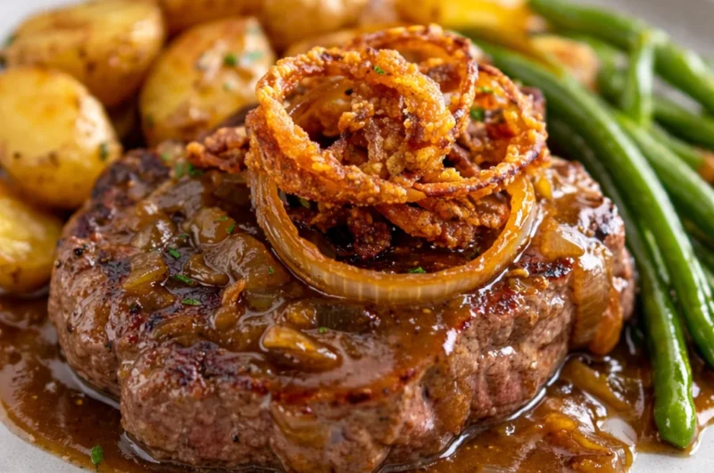 Traditional Zwiebelrostbraten - German Onion Beef Roast with crispy fried onions.