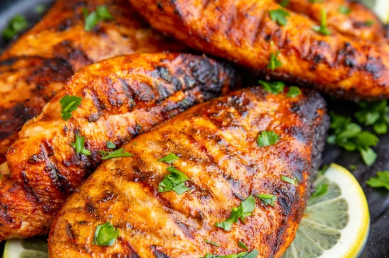 Juicy grilled chicken breast on the grill with seasoning, ready for serving.