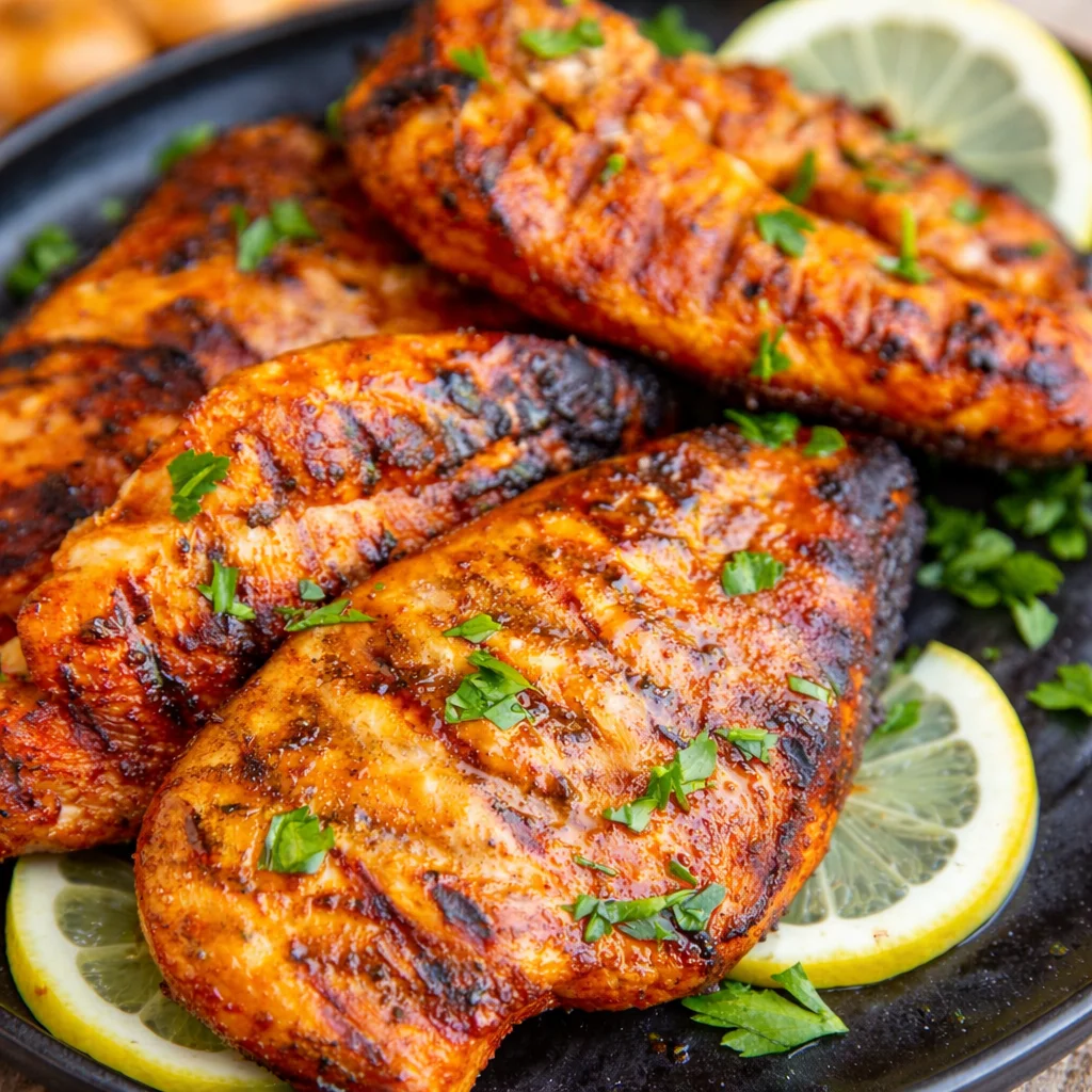 Juicy grilled chicken breast on the grill with seasoning, ready for serving.