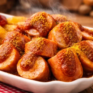 Delicious homemade currywurst with spicy curry ketchup served with fries.