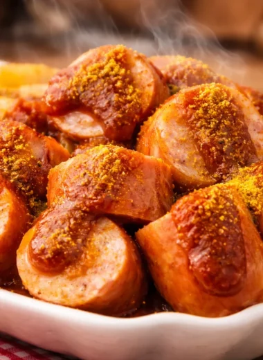 Delicious homemade currywurst with spicy curry ketchup served with fries.