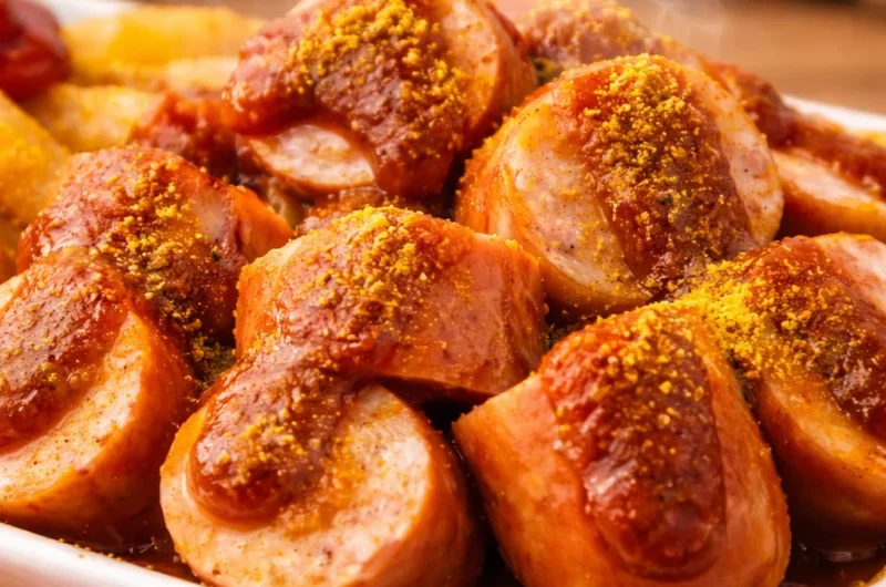Delicious homemade currywurst with spicy curry ketchup served with fries.