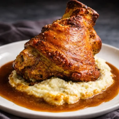 Traditional German Pork Knuckle - Schweinshaxe served with crispy skin and beer gravy.