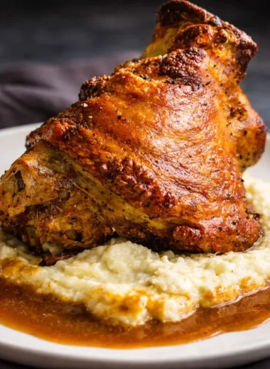 Traditional German Pork Knuckle - Schweinshaxe served with crispy skin and beer gravy.