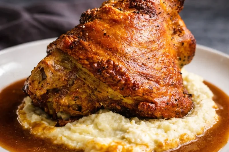 Traditional German Pork Knuckle - Schweinshaxe served with crispy skin and beer gravy.