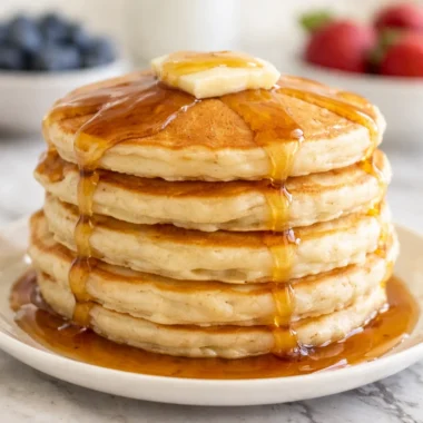 The world's best pancakes stacked high, fluffy and golden, served with syrup.