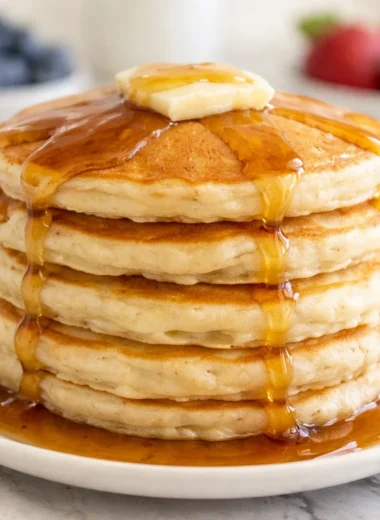 The world's best pancakes stacked high, fluffy and golden, served with syrup.