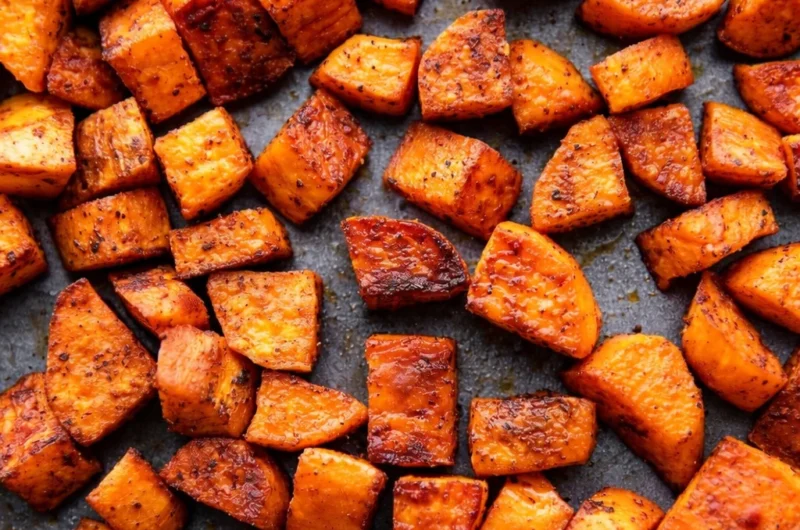 Oven roasted sweet potatoes in a baking dish, perfectly caramelized and tender.