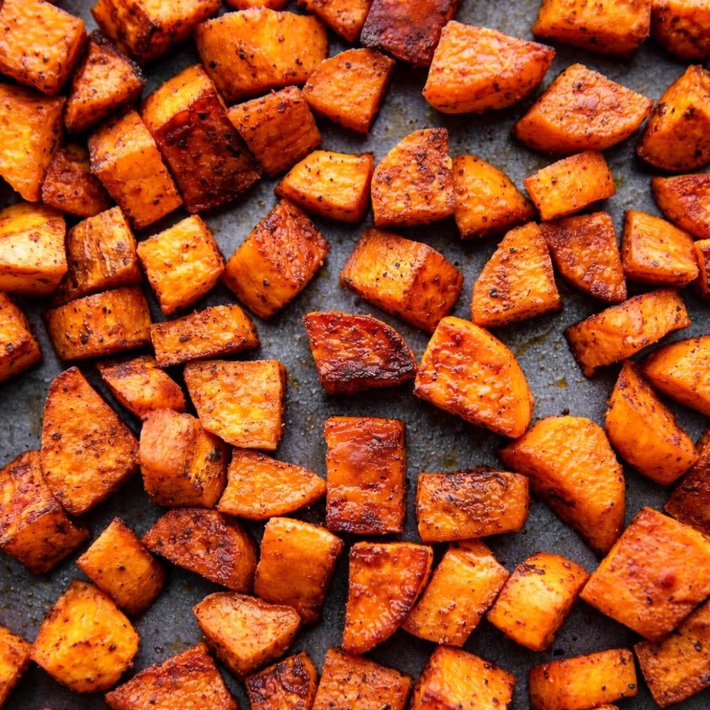Oven roasted sweet potatoes in a baking dish, perfectly caramelized and tender.