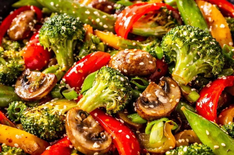 A colorful vegetable stir fry in a skillet, showcasing fresh ingredients and vibrant colors.