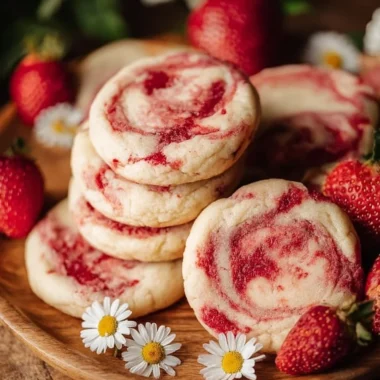Strawberry cheesecake cookies on a plate with fresh strawberries.