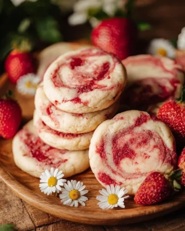 Strawberry cheesecake cookies on a plate with fresh strawberries.