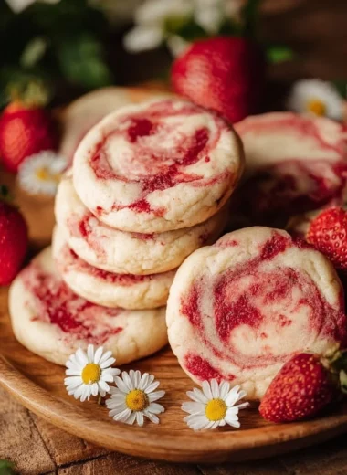 Strawberry cheesecake cookies on a plate with fresh strawberries.