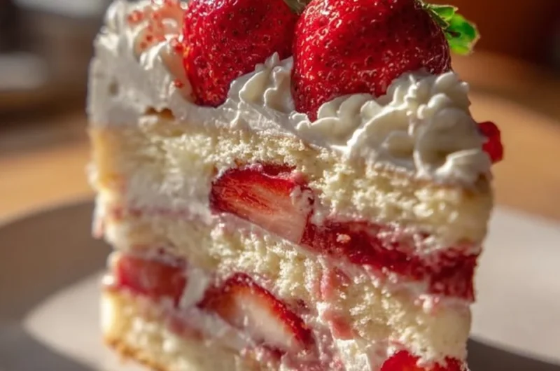 Delicious Strawberry Earthquake Cake with strawberries and cream cheese
