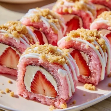 Delicious strawberry shortcake cheesecake sushi rolls on a plate