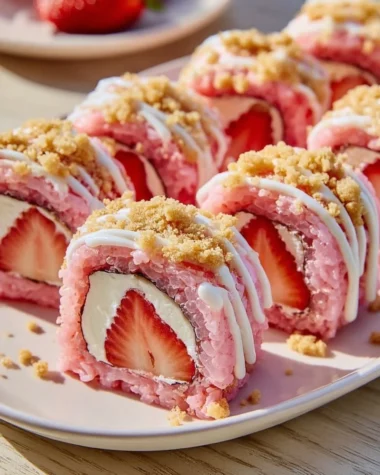 Delicious strawberry shortcake cheesecake sushi rolls on a plate