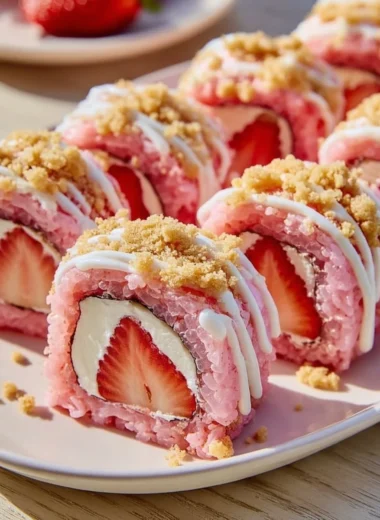 Delicious strawberry shortcake cheesecake sushi rolls on a plate