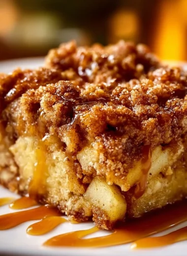 Super easy apple crisp coffee cake topped with crunchy oat topping