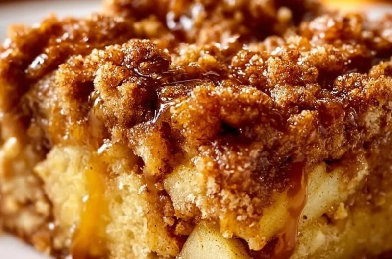 Super easy apple crisp coffee cake topped with crunchy oat topping