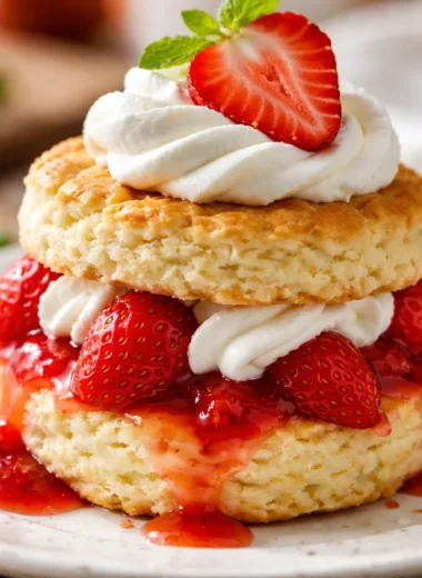 Homemade strawberry shortcake with whipped cream and fresh strawberries.