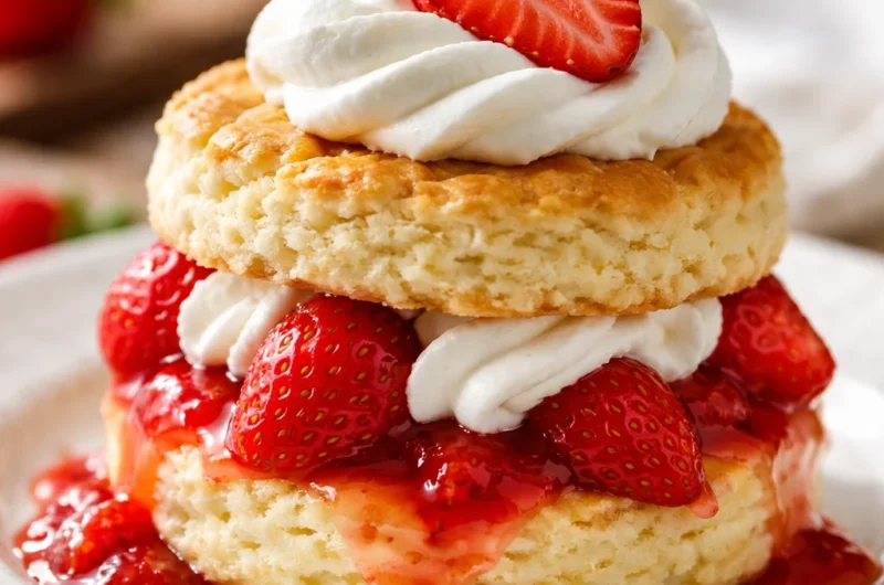 Homemade strawberry shortcake with whipped cream and fresh strawberries.