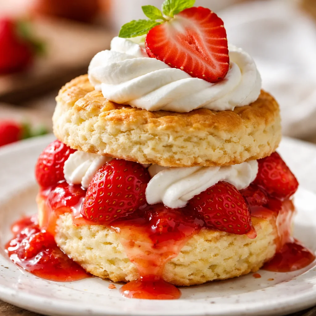 Homemade strawberry shortcake with whipped cream and fresh strawberries.