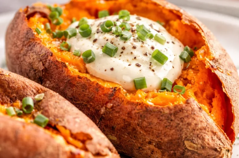 Baked sweet potatoes with crispy skins served on a plate.