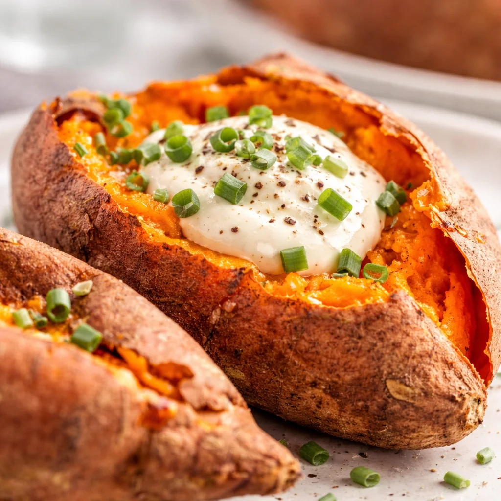 The Best Temp to Bake Sweet Potatoes for Perfect Results 34 Baked sweet potatoes with crispy skins served on a plate.