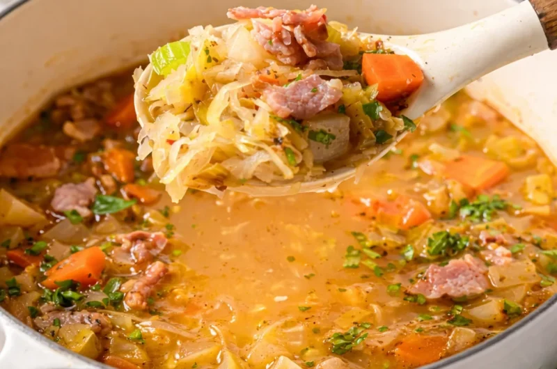 Hearty German Sauerkraut Soup (Sauerkrautsuppe) served in a bowl with crusty bread.