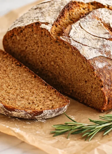 Homemade authentic German Roggenbrot, a dense and flavorful rye bread for pairing.