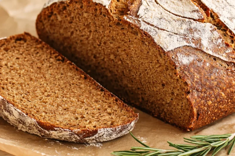 Homemade authentic German Roggenbrot, a dense and flavorful rye bread for pairing.