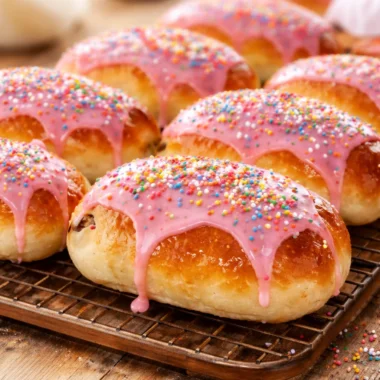 Delicious homemade Australian finger buns topped with icing and sprinkles.