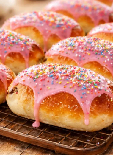Delicious homemade Australian finger buns topped with icing and sprinkles.