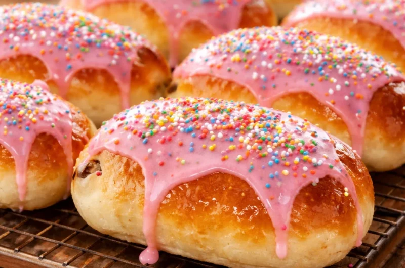 Delicious homemade Australian finger buns topped with icing and sprinkles.