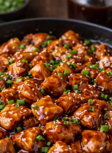 Delicious Bourbon Chicken served with fluffy rice, better than takeout.