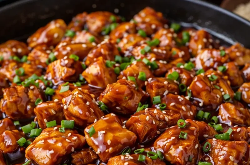 Delicious Bourbon Chicken served with fluffy rice, better than takeout.