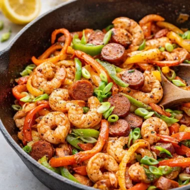 Cajun Shrimp and Sausage Skillet - A Flavorful One-Pan Delight 37 Cajun Shrimp and Sausage Skillet with colorful bell peppers and andouille sausage.