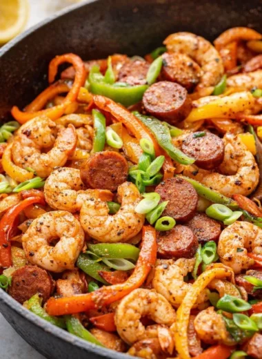 Cajun Shrimp and Sausage Skillet with colorful bell peppers and andouille sausage.