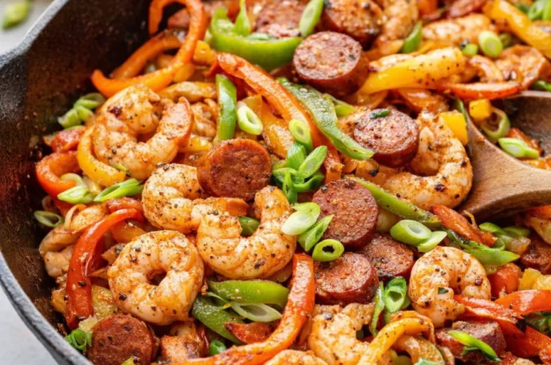 Cajun Shrimp and Sausage Skillet with colorful bell peppers and andouille sausage.