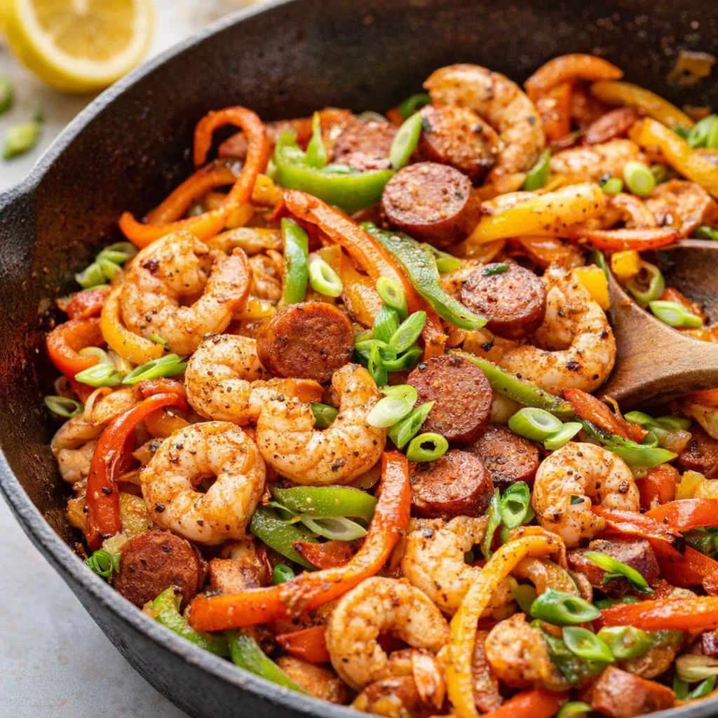 Cajun Shrimp and Sausage Skillet with colorful bell peppers and andouille sausage.