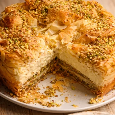 Delicious Baklava Pistachio Cheesecake topped with pistachios and honey