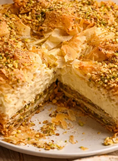 Delicious Baklava Pistachio Cheesecake topped with pistachios and honey