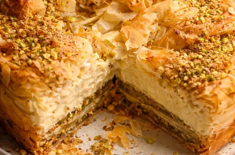 Delicious Baklava Pistachio Cheesecake topped with pistachios and honey